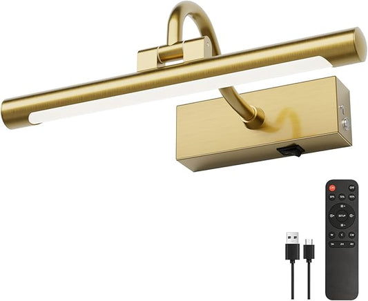 Aipsun 11.8" Brass Picture Lights for Wall Rechargeable,10000mAh Battery Operated Art Light for Paintings,3CCT Dimmable, Rotatable Gallery Light for Pictures Display