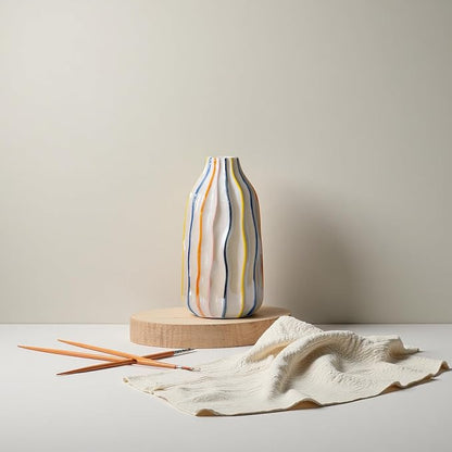 Handmade Beige Ceramic Vase with Colorful Stripes,Modern Boho Home Decor Centerpiece, Unique Holiday&Housewarming Present for Women (A)