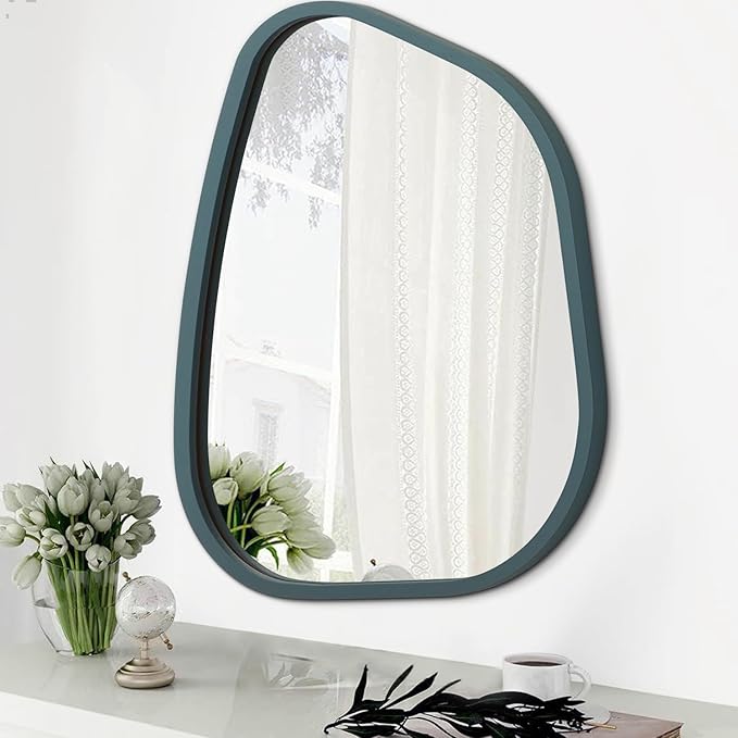 Irregular Wooden Framed Wall Mirror Modern Asymmetrical Unique Hanging Mirror Artistic Mirror Decor Bathroom Vanity Bedroom Living Room Entryway Hallway 16'' x 12''