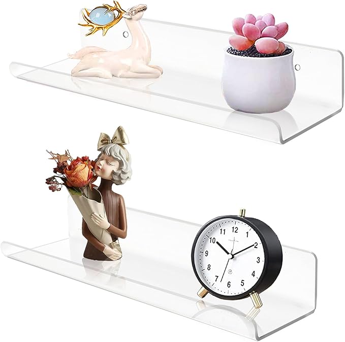 ROYALITA Small Acrylic Shelves Wall Mounted | Set of 2 | 12 Inches | Wall Hanging Plant Display Shelves, Room Decor Floating Wall Shelves for Gaming Room Bedroom, Living Room, Office, Clear