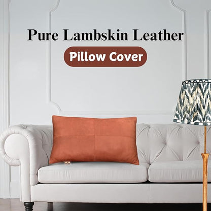 100% Lambskin Leather Pillow Cover - Sofa Cushion Case - Decorative Throw Covers for Living Room & Bedroom, 14X22 Inch - Light Brown Crunch Plain Pack of 2