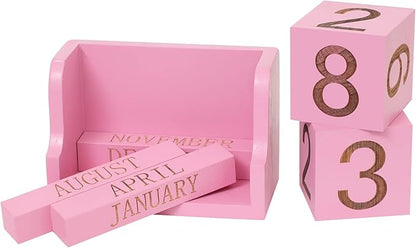 Wooden Desk Calendar,Desk Calendar Blocks for Teachers,Office Perpetual Date Block Small Home Desktop Decor Chic Vintage Month with Number Cubes Display Rustic Decoration (Sakura Pink)