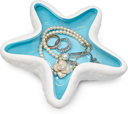Starfish Jewelry Dish Ceramic Trinket Tray - Ocean Themed Ring Holder for Earrings, Necklaces, Beach & Bathroom Organizer with Glossy Glaze, Coastal Room Decor Gift for Women