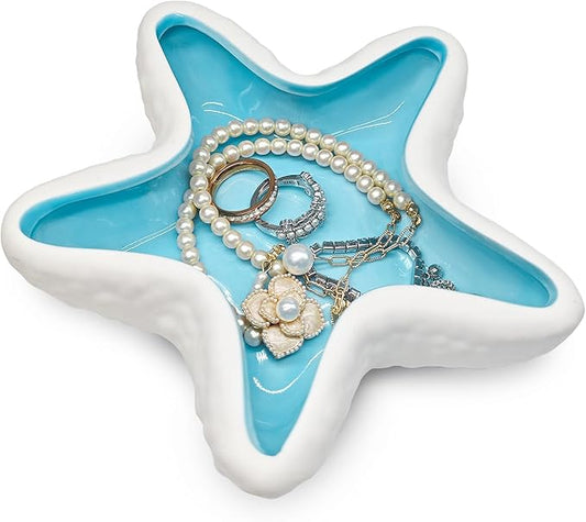 Starfish Jewelry Dish Ceramic Trinket Tray - Ocean Themed Ring Holder for Earrings, Necklaces, Beach & Bathroom Organizer with Glossy Glaze, Coastal Room Decor Gift for Women