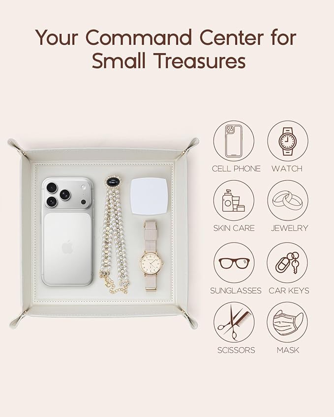 Vlando Valet Tray for Men Women, Nightstand Organizer Vanity Catchall Holder for Dresser Desk Storage Bedside, Travel PU Leather Jewelry Key Bowl Coin Watches and Candy Entryway Tray - Large, Beige