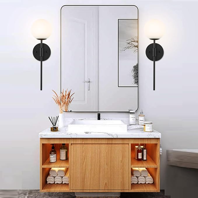 Mid Century Modern Wall Lamp 2 Pack with White Globe Glass Shades Matte Black Wall Sconce Bathroom Vanity Lighting Industrial Farmhouse Wall Light Fixtures for Mirror Bedroom Living Room