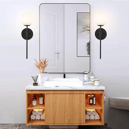 Mid Century Modern Wall Lamp 2 Pack with White Globe Glass Shades Matte Black Wall Sconce Bathroom Vanity Lighting Industrial Farmhouse Wall Light Fixtures for Mirror Bedroom Living Room