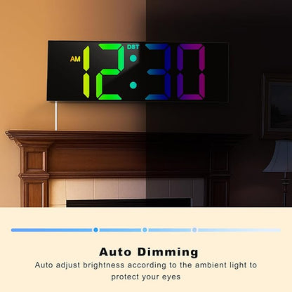 TrophyRak 12'' Large Digital Wall Clock, with Big LED Dispaly, RGB Colors, Dimmer, DST, Night Light for Classroom Livingroom Bedroom Wall Mounted, Birthday Xmas Gift for Senior, Men Womem, Black, RGB