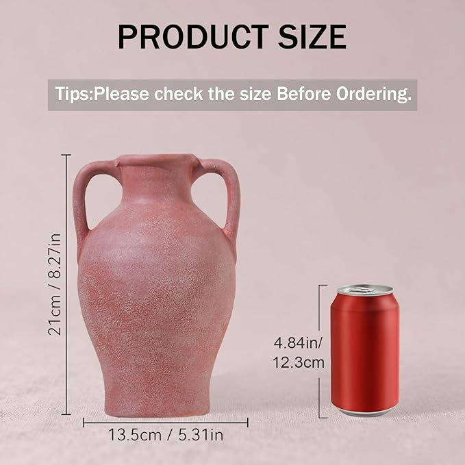 Ceramic Vase for Flowers, 8 inch Rustic Farmhouse Red Vase, Handcrafted Weathered Pottery Vases, Small Decorative Terracotta Vases for Home Decor, Living Room, Table, Shelf