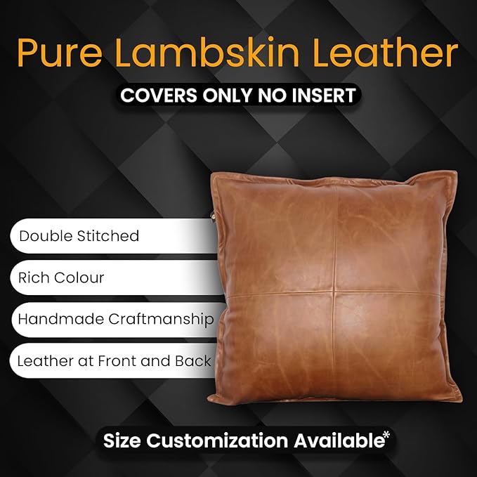 LL LEATHER LOVERS Lambskin Leather Pillow Cover - Sofa Cushion Case - Decorative Throw Covers for Living Room & Bedroom, 18x18 Inches - Antique Brown Box Pack of 2