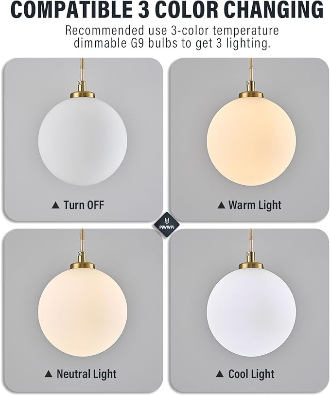 Mid Century Modern Chandelier, 1- Light Globe Glass Ceiling Hanging Chandelier, Glod Pendant Light, White Spherical Blackout Bedside Lamp for Bedroom, Kitchen Island, Dining Room, Living Room