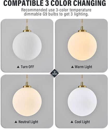 Mid Century Modern Chandelier, 1- Light Globe Glass Ceiling Hanging Chandelier, Glod Pendant Light, White Spherical Blackout Bedside Lamp for Bedroom, Kitchen Island, Dining Room, Living Room