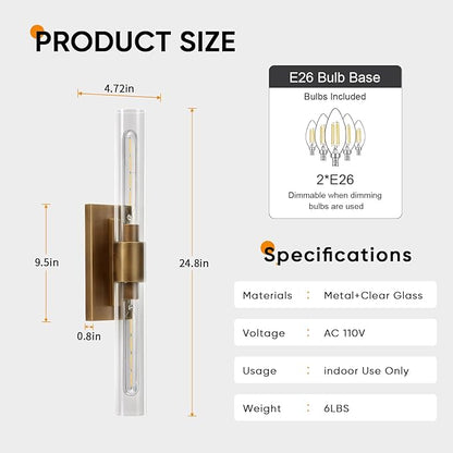 24.8" L Minimalist Style Wall Sconces 2-Lights Brass Wall Lights Fixtures Morden Cylinder Wall Light for Bathroom Vanity Light Indoor Wall Mounted Lamps for Living Room,Bedroom,Hallway