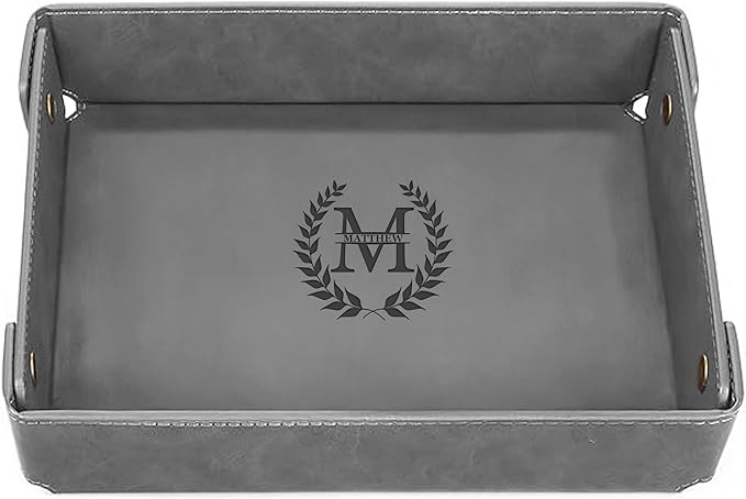 Engraved Leather Valet Tray for Men – Personalized Catchall with Custom Name for Desk, Dresser, Nightstand – Men's Organizer Tray for Keys, Wallet, Jewelry, Personalized Gift for Home, Office - Grey