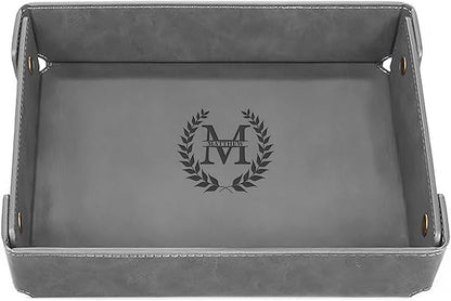 Engraved Leather Valet Tray for Men – Personalized Catchall with Custom Name for Desk, Dresser, Nightstand – Men's Organizer Tray for Keys, Wallet, Jewelry, Personalized Gift for Home, Office - Grey