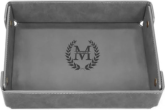 Engraved Leather Valet Tray for Men – Personalized Catchall with Custom Name for Desk, Dresser, Nightstand – Men's Organizer Tray for Keys, Wallet, Jewelry, Personalized Gift for Home, Office - Grey