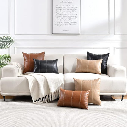 Fancy Homi 2 Packs Brown Faux Leather Decorative Throw Pillow Covers 16x16 Inch for Living Room Couch Bed Sofa, Hand Stitched Accent Square Cushion Case, Rustic Modern Farmhouse Boho Home Decor