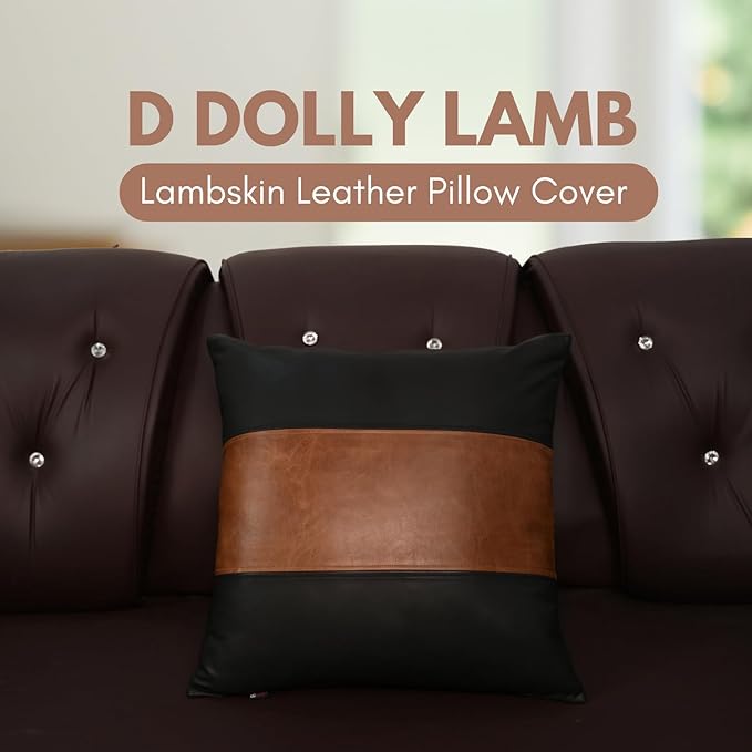 D DOLLY LAMB Lambskin Leather Pillow Cover - Sofa Cushion Case - Decorative Throw Covers for Living Room & Bedroom, 16x16 Inches - Black and Tan Crunch Plain
