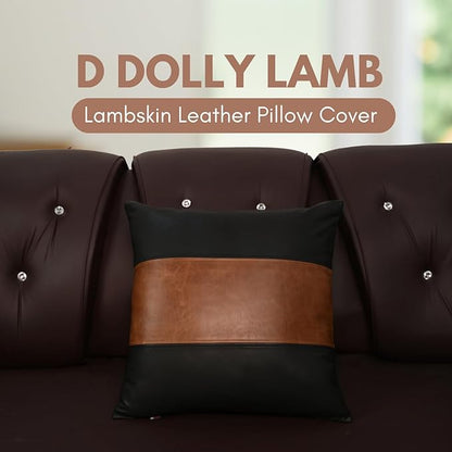 D DOLLY LAMB Lambskin Leather Pillow Cover - Sofa Cushion Case - Decorative Throw Covers for Living Room & Bedroom, 14x14 Inches - Black and Tan Crunch Plain