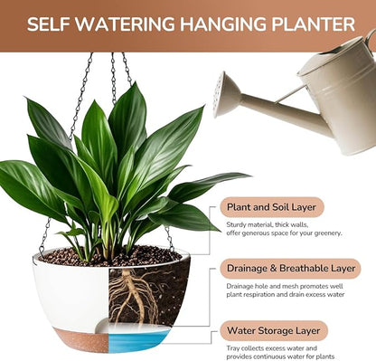 Hanging Planter, 12 Inch Self-Watering Hanging Planters for Indoor Outdoor Plants, Hanging Basket for Plants Flowers Outdoor (White)