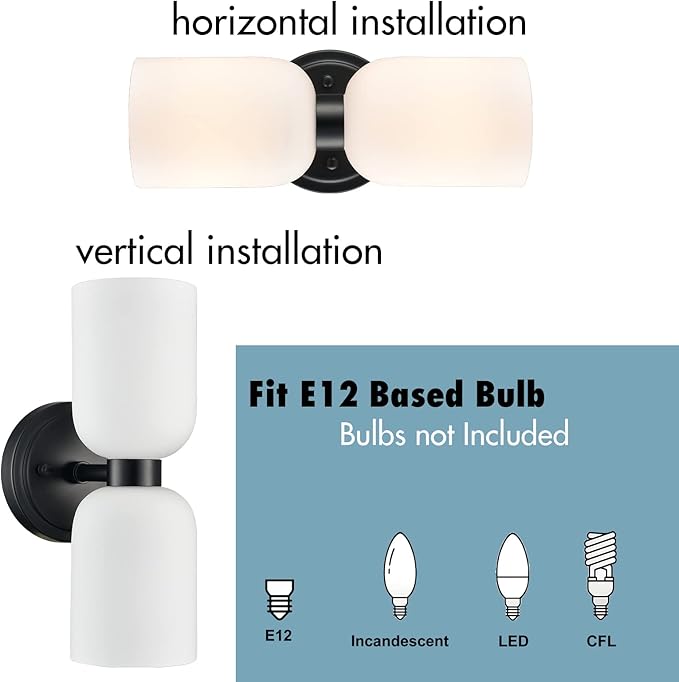 CLAXY Black Wall Sconce Modern 2-Light Bathroom Vanity Lights-Milky Glass Shade Wall Light for Bathroom Bedroom Stairway