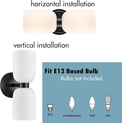 CLAXY Black Wall Sconce Modern 2-Light Bathroom Vanity Lights-Milky Glass Shade Wall Light for Bathroom Bedroom Stairway