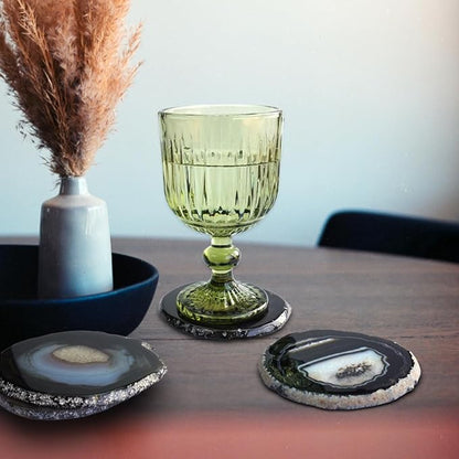 Black Agate Slices Geode Coasters Set of 4 with Rubber Bumpers - Unique 4-5 Inch Dyed Stone Drink Crystal Coasters Bulk for Home Decor, Coffee Table, Bar Accessories