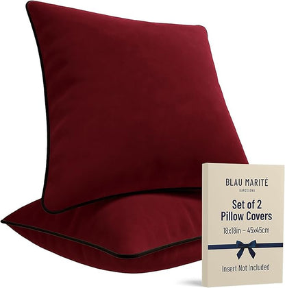 2 Pack Velvet Decorative Throw Pillow Covers, 18"x18", Burgundy, Solid, Modern, Contrast Piping, Indoor Use, Bedroom & Living Room