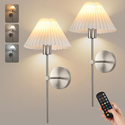 Wireless Wall Sconce Sets of 2, Pleated Shades Rechargeable Battery Operated Wall Sconce, Retro Industrial Brushed Nickel Bathroom Vanity Lights, Wall Mounted Lamps for Bedroom Living Room Hallway