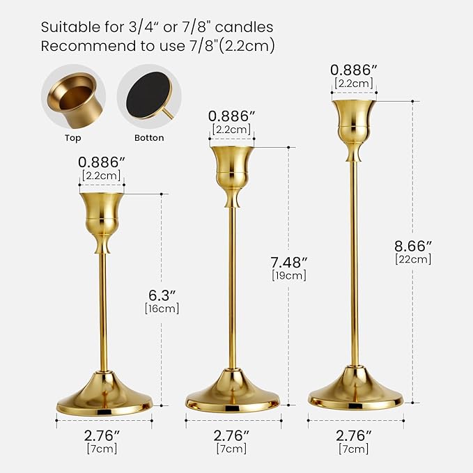 SylvaCraft Brass Gold Candle Holders Rustproof Taper Candlestick Holders for Holiday Party Table Centerpiece Wedding Fireplace Mantel Housewarming Gift(2 Sets(6 Pcs)) ﻿