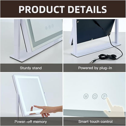LED Vanity Mirror with Lights, Makeup Mirror with 3 Color Modes, Smart Touch Control, 360° Rotation for Desk,13.2" L x 11.2" W