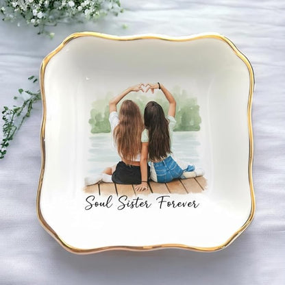 Custom Photo Watercolor Bestie Ring Dish, Personalized Best Friend Jewelry Dish, Soul Sister Trinket Dish Gift for Long Distance Friendship Women BFF Christmas Birthday Wedding Gift
