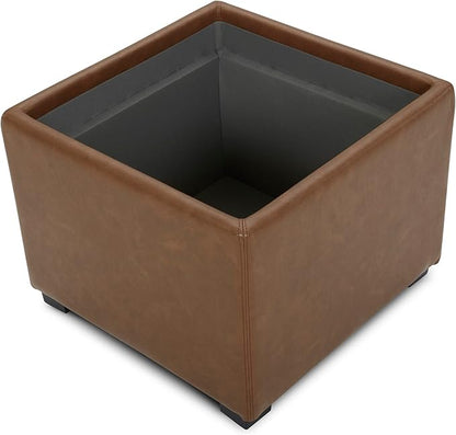 CHITA Storage Ottoman Cube with Tray Lid, Small Footstool with Storage, Square End Table for Living Room and Bedroom, Faux Leather in Saddle Brown