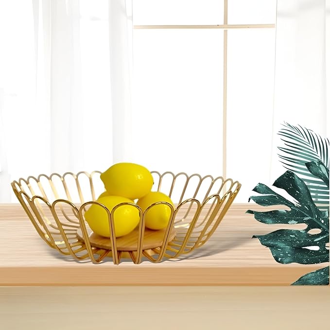 Gold Fruit Basket Metal Wire Fruit Basket Bowl Kitchen Countertop Large Storage Serving Holder for Lemon Banana Onion - Wooden Stand - 12 Inch (Gold Wood)