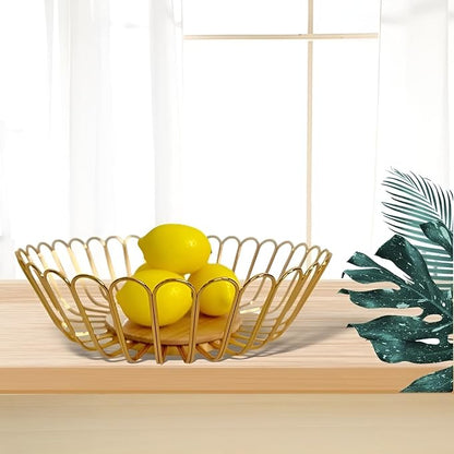 Gold Fruit Basket Metal Wire Fruit Basket Bowl Kitchen Countertop Large Storage Serving Holder for Lemon Banana Onion - Wooden Stand - 12 Inch (Gold Wood)