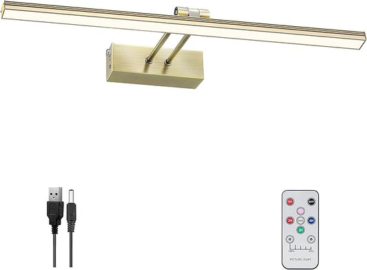 FUNCHDAY Picture Light,Battery Art Lights for Wall,Wireless Remote Painting Light with Timer and Dimmable,16”Metal Display Lighting for Artwork,Portrait,Gallery-Antique Brass