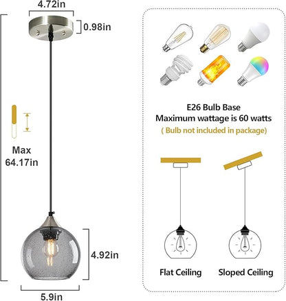 Light Grey Glass Pendant Lights Kitchen Island Globe Pendant Light Fixtures Modern Pendant Lighting for Bedroom Living Dining Room Light Fixture (5.9 in, 3 Pack)