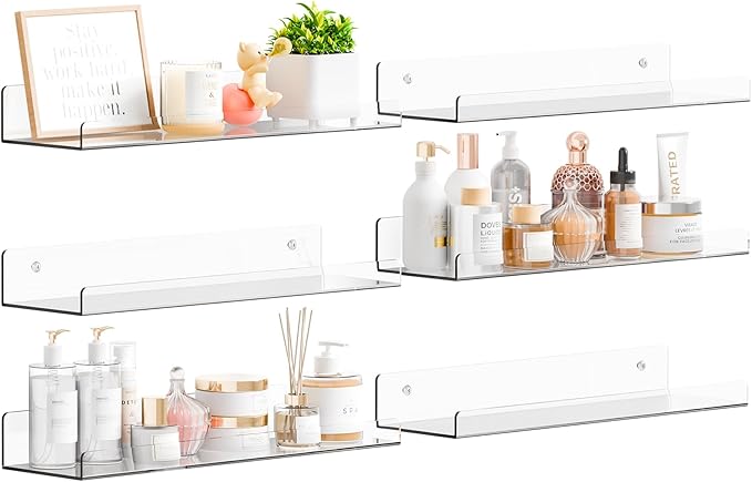Yieach 6 Pack 15" Acrylic Shelves for Wall,Bathroom,Bedroom - with Adhesive - No Drilling Clear Floating Shelves for Funko Pop,Lego,Action Figures,Nail Polish,Perfume Shelf and Wall Storage & Display