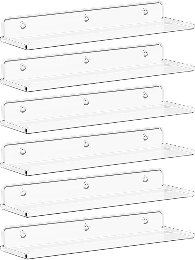 Lifewit Floating Shelves for Bathroom, 15" Acrylic Wall Organizer for Perfume, Makeup, Figures, Nail Polish, Photo, Book, Decor Display Rack for Nursery, Living Room, Bedroom, Kitchen, Clear, 6 Pack