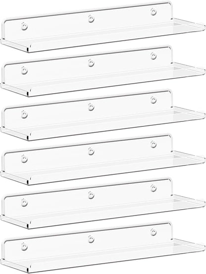Lifewit Floating Shelves for Bathroom, 15" Acrylic Wall Organizer for Perfume, Makeup, Figures, Nail Polish, Photo, Book, Decor Display Rack for Nursery, Living Room, Bedroom, Kitchen, Clear, 6 Pack