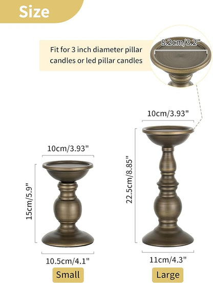 Bronze 2 Pcs Iron Pillar Candle Holders, Most Ideal for 3" Pillar Candles, Gifts for Wedding, Party, Home, Spa, Reiki, Votive Candle (S + L)