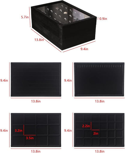 Coward Set of 5 Stackable Jewelry Organizer Tray Necklace Earring Box Storage Ring Bracelet Display Holder (Black(ring+necklace+earring+12grid))