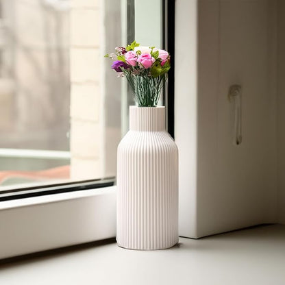 Bohemian White Ceramic Vase - for Pampas Grass, Mantel, Bookshelf, Entryway and Living Room Decor (White, 7in)