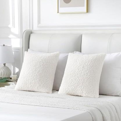 FUTEI Cream White Throw Pillow Covers 16x16 Inch Set of 2,Furry Faux Fur Teddy Boucle Textured Cushion Covers,Soft Fluffy Decorative Pillow Case,Home Decor for Couch Bed Living Room Office Car
