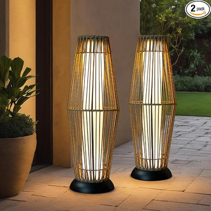 TRIROCKS Outdoor Floor Lamp 2 Piece Solar Powered Lantern Wicker Solar Patio Lamp with Olifen Rope Waterproof Rattan Outside Solar Deck Light for Patio Garden Lawn Yard (Grey)