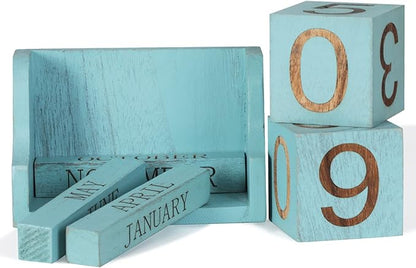Wooden Desk Calendar,Desk Calendar Blocks for Teachers,Office Perpetual Date Block Small Home Desktop Decor Chic Vintage Month with Number Cubes Display Rustic Decoration(Ocean Blue)