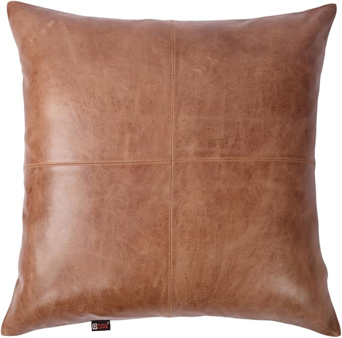 D DOLLY LAMB Lambskin Leather Pillow Cover - Sofa Cushion Case - Decorative Throw Covers for Living Room & Bedroom, 14x14 Inches - Tan & Brown Plain Pack of 1
