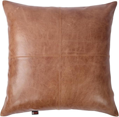 D DOLLY LAMB Lambskin Leather Pillow Cover - Sofa Cushion Case - Decorative Throw Covers for Living Room & Bedroom, 16x16 Inches - Tan & Brown Plain Pack of 2