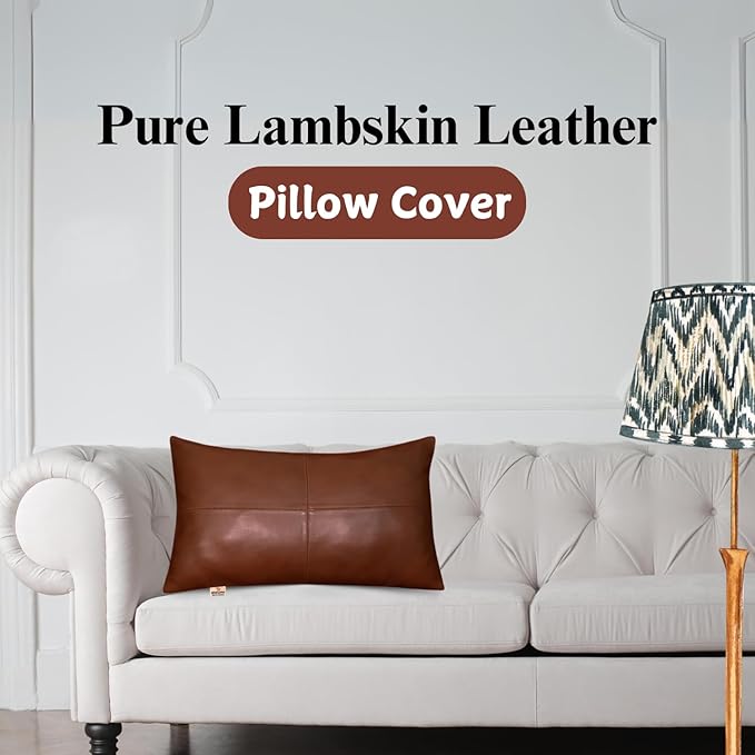 100% Lambskin Leather Pillow Cover - Sofa Cushion Case - Decorative Throw Covers for Living Room & Bedroom, 18x26 Inch - Dark Tan Plain Pack of 1