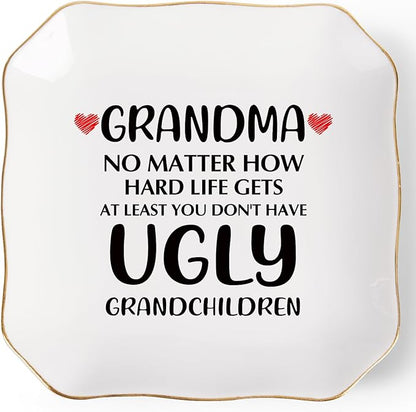 Grandma Gifts Jewelry Dish Ring Tray, Grandmother Birthday Gifts for Grandma Christmas Valentines Mother's Day Gift from Grandkids-No Matter How Hard Life...You Don't Have Ugly Grandchildren